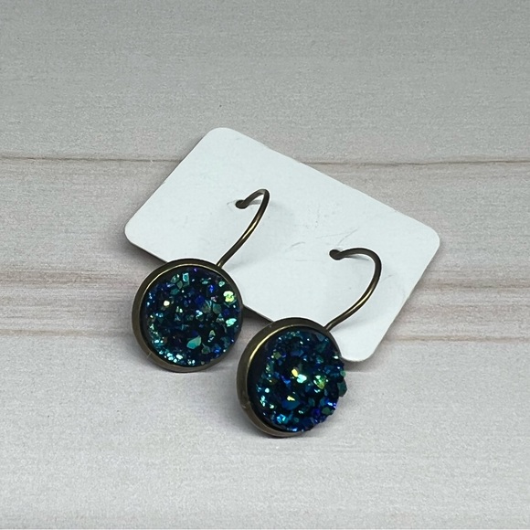 Blue Drop Druzy Earrings in Antique Bronze Setting - Picture 1 of 1